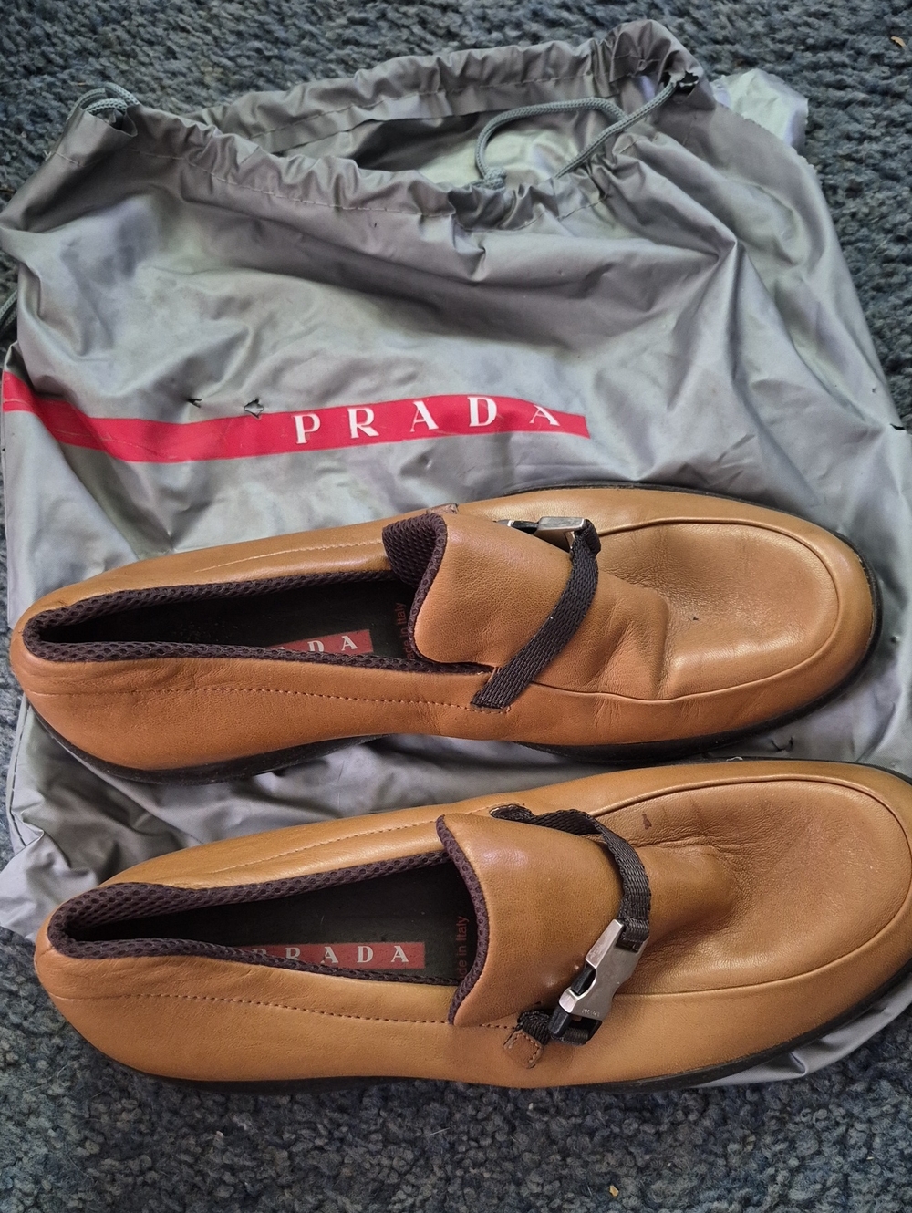 Women's Prada Tan Leather Slip-On Loafers with Dark Brown Trim